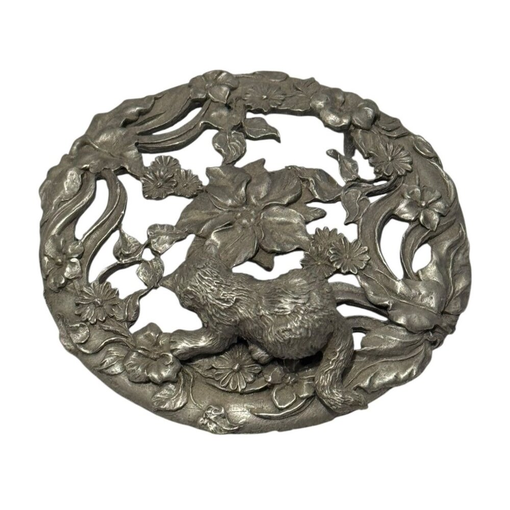 Vintage Rawcliffe Pewter Cat In Flower Garden Jar Lid